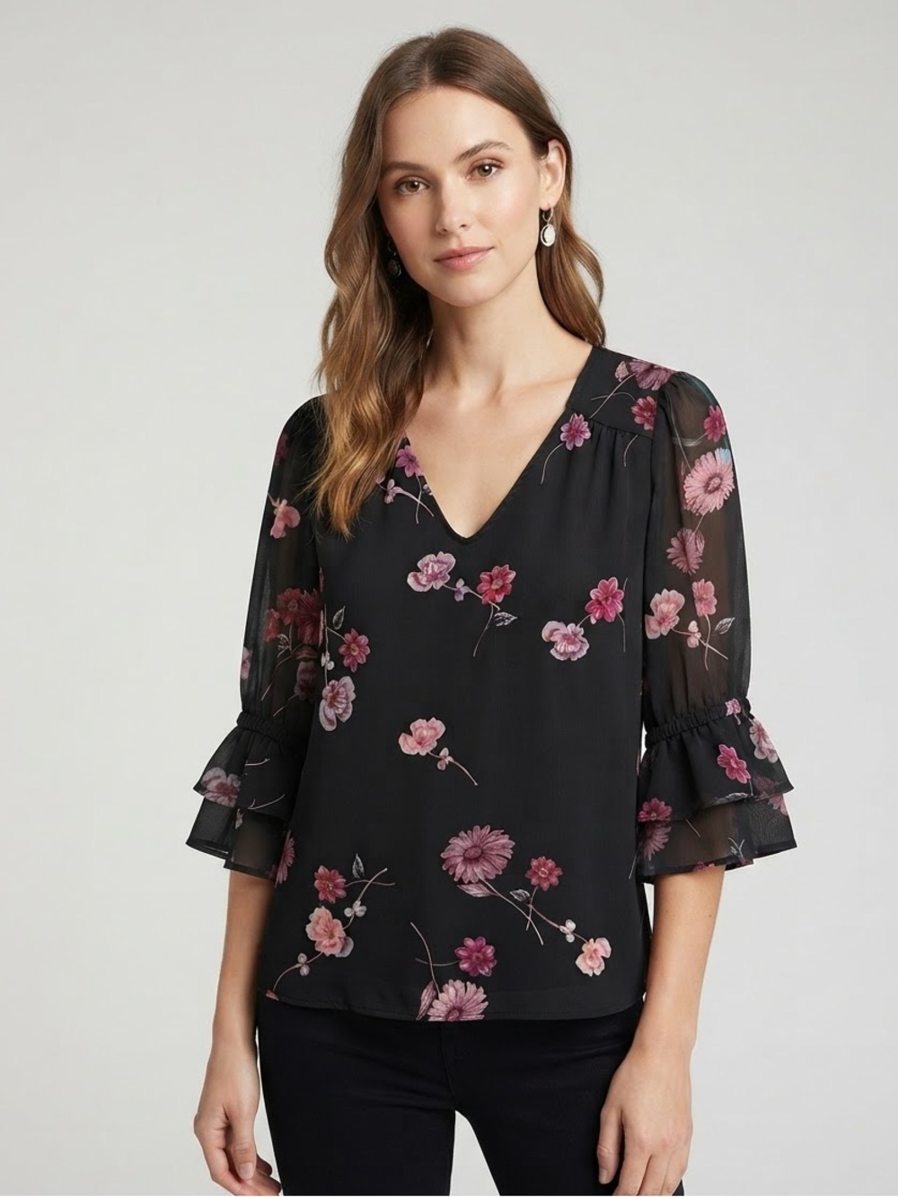 CECE Floral Ruffle Sleeve Blouse S 19.5” p2p Black Multi EUC